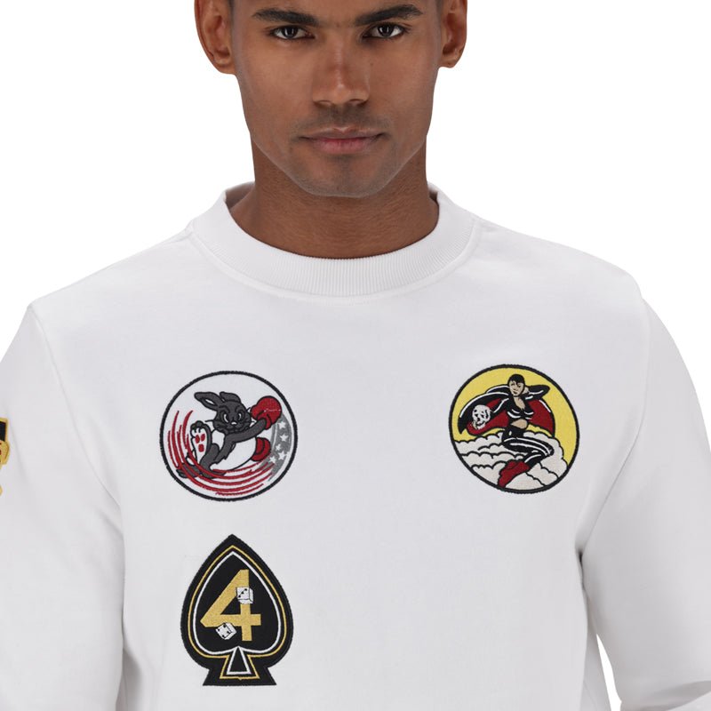 White men's Alpha Multi Badge Crew Sweatshirt featuring multiple badge designs on the front, made by Alpha.