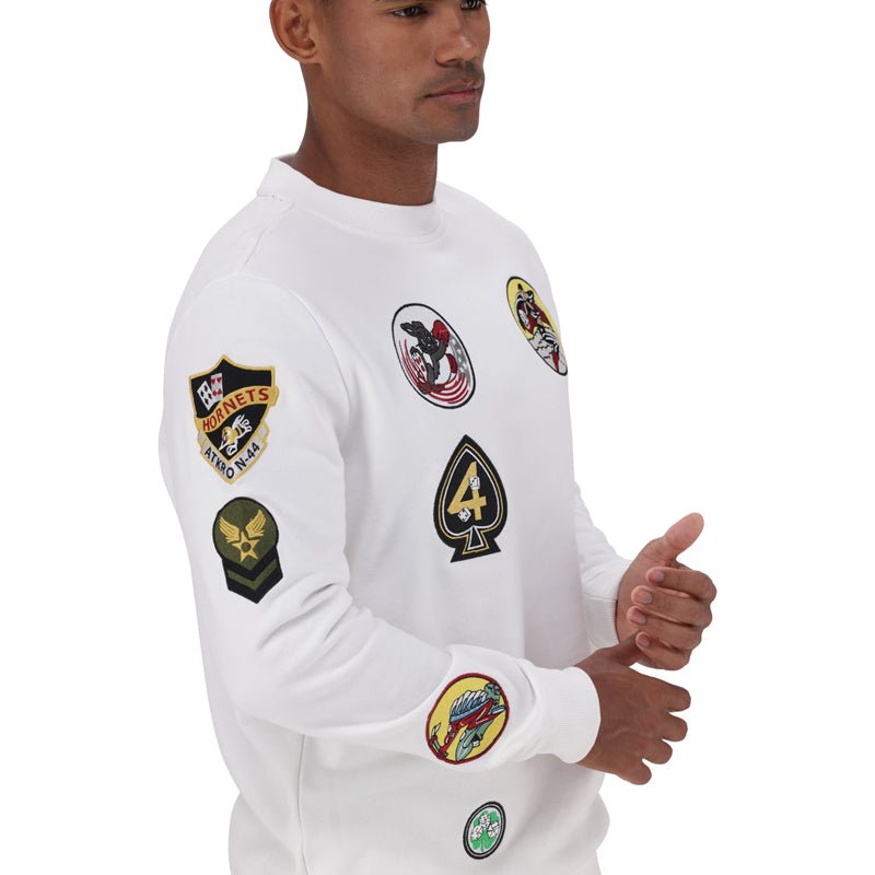 White Alpha Multi Badge Crew Sweat for men featuring multiple badge designs on the chest, casual and comfortable men's sweater.