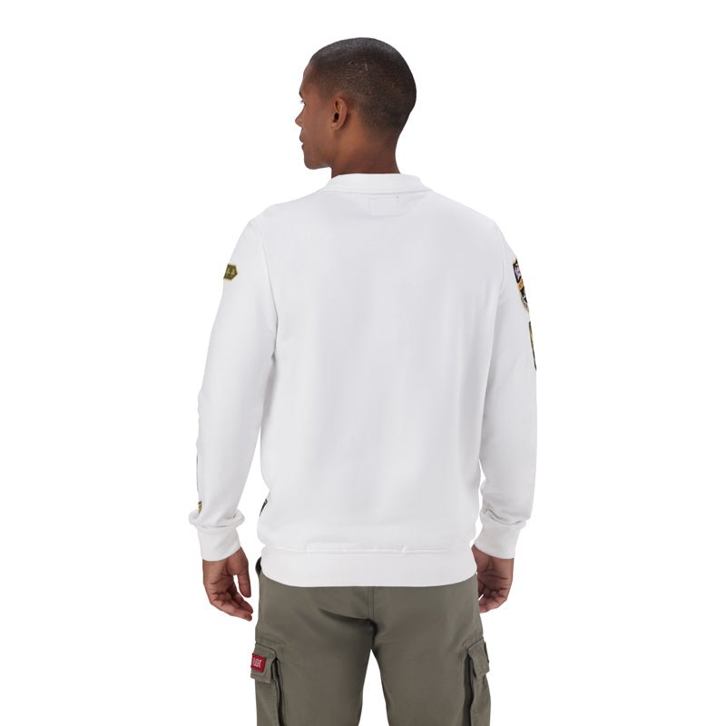 White Alpha Multi Badge Crew Sweat for men, featuring a classic crewneck design with multiple badge accents.