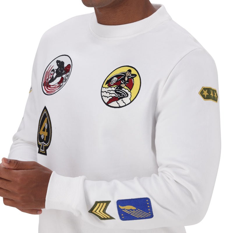 White Alpha Multi Badge men's crew sweatshirt with multiple badge designs on the chest, made from comfortable fabric.