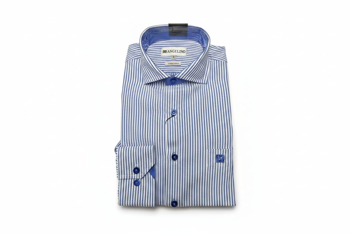 Blue Angelino men's shirt size 8, casual button-down style with a classic collar, shown on a hanger.
