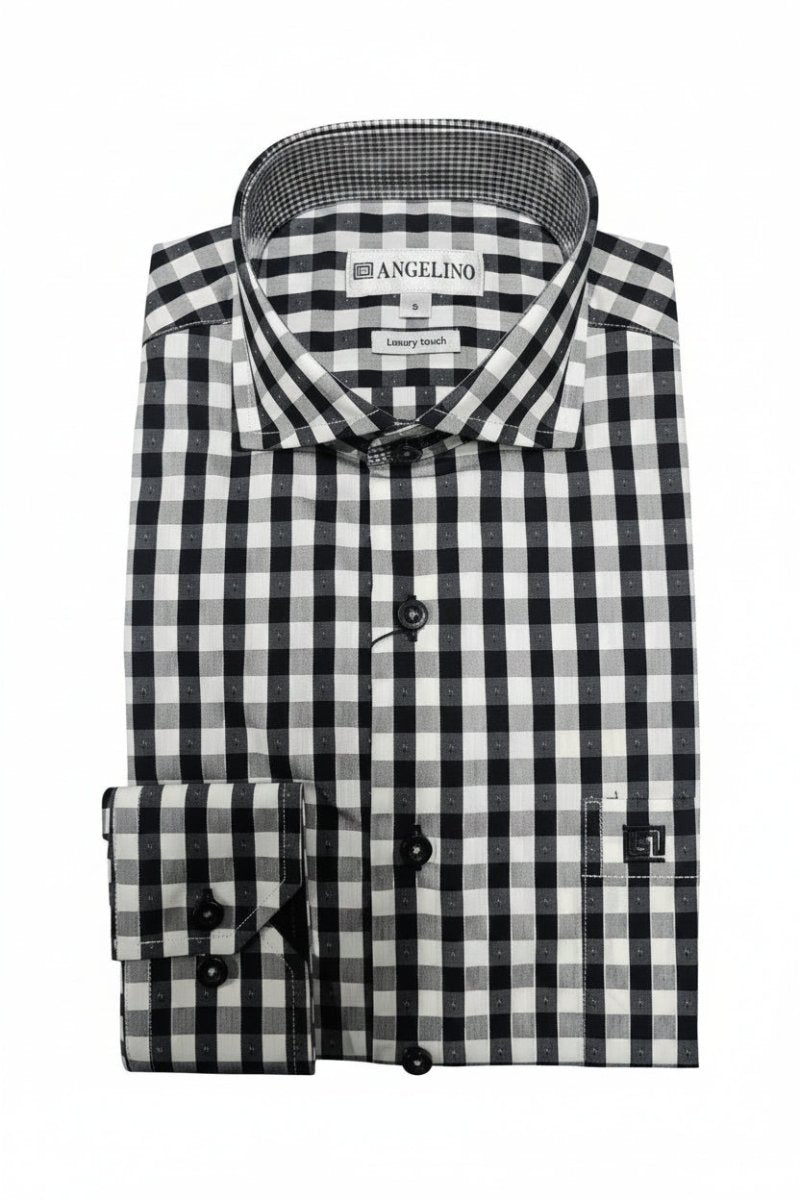 White and black checked Angelino men's shirt with a classic collar and button-up front, casual and stylish for everyday wear.