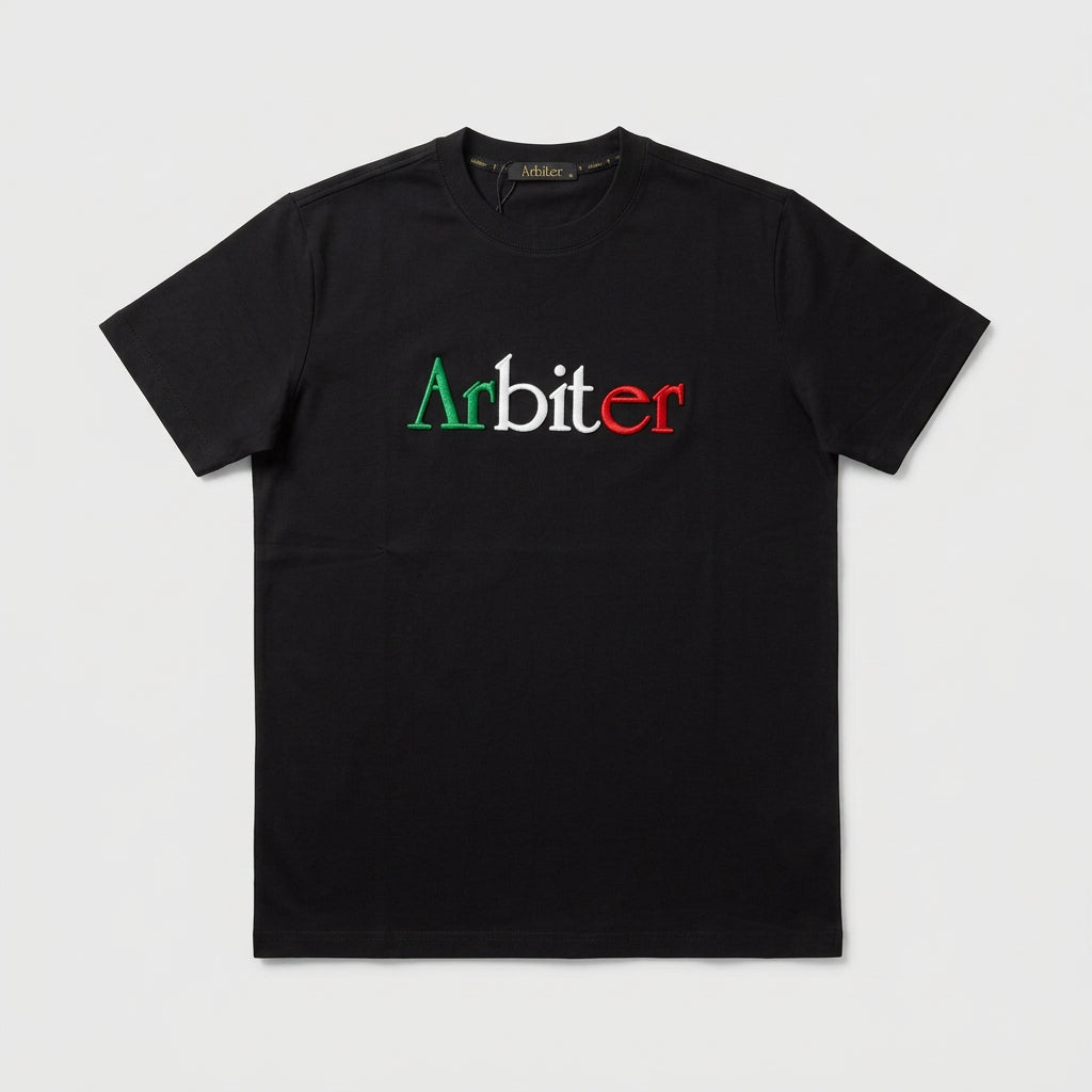 Black Arbiter Alfonso men's T-shirt featuring a classic fit and crew neckline, displayed on a plain background.