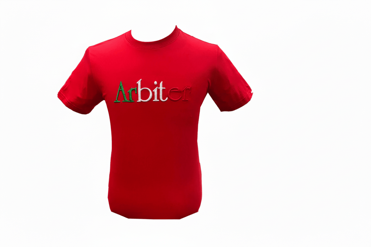 Red Arbiter Alfonso men's T-shirt with a classic crew neckline and subtle branding, displayed on a plain background.