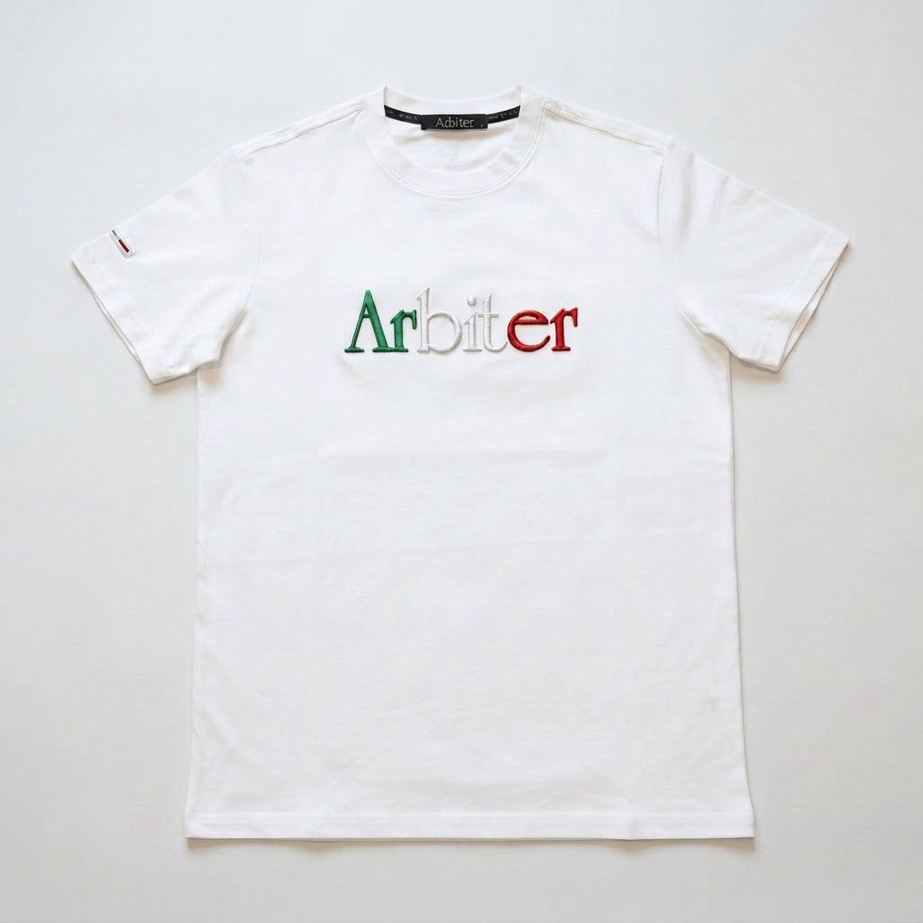 White Arbiter Alfonso T-shirt for men, casual short-sleeve tee with crew neck, displayed flat on a white background.