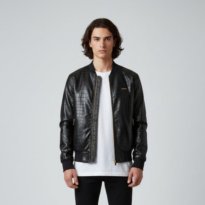 Black Arbiter Baglio Cocco men's jacket with a sleek design, featuring a stylish collar and zipper front.