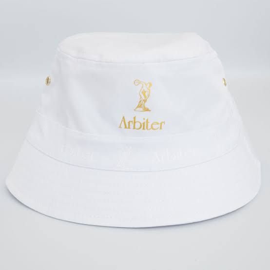 White Arbiter logo trim reversible bucket hat, unisex headwear with stylish design and versatile wear options.