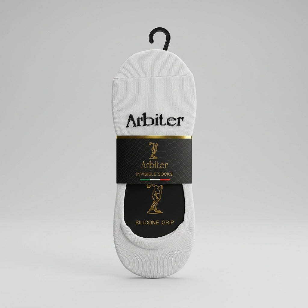 White Arbiter Secret Socks for men, showcasing a comfortable fit with a smooth texture and stylish design.