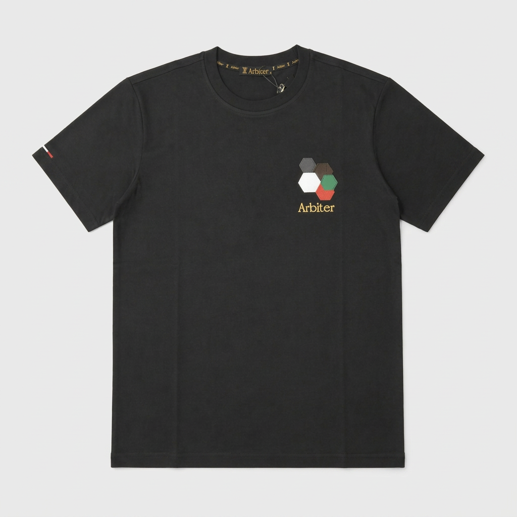 Black Arbiter Vicenzo men's T-shirt with a classic fit and short sleeves, displayed flat on a white background.