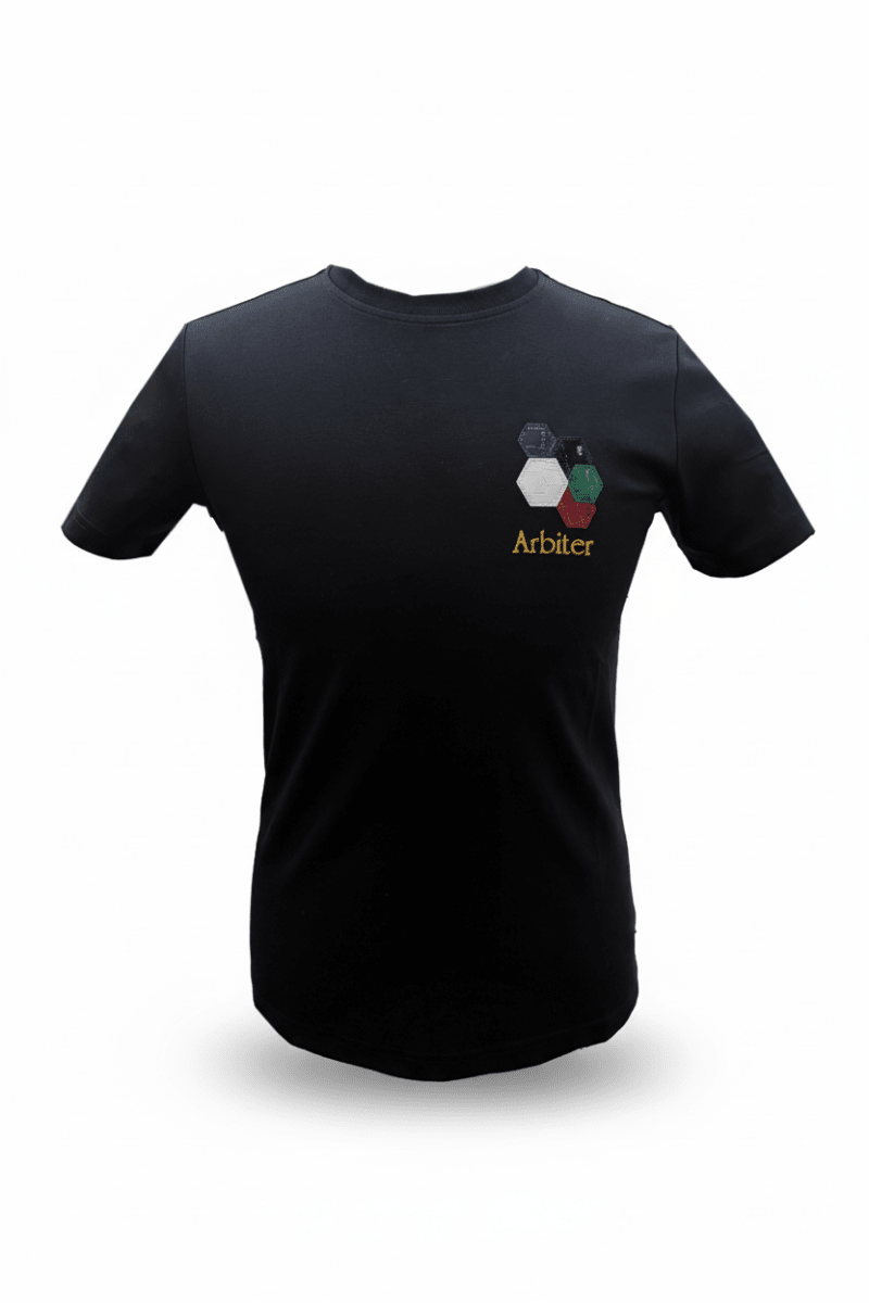 Black Arbiter Vicenzo men's T-shirt with a classic fit and short sleeves, displayed on a plain background.