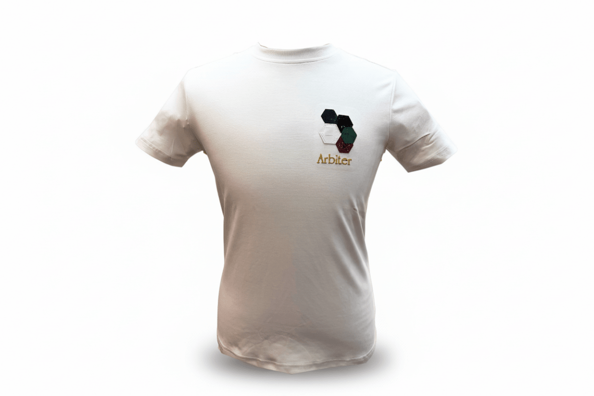 White Arbiter Vicenzo men's T-shirt with a classic fit and crew neckline, displayed flat on a white background.