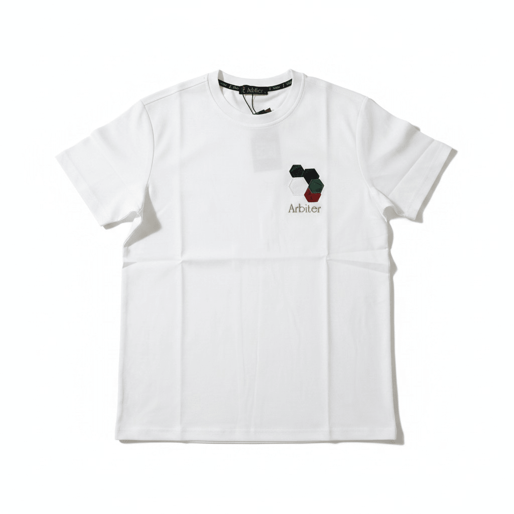White Arbiter Vicenzo men's T-shirt featuring a classic fit and simple logo design, displayed on a white background.