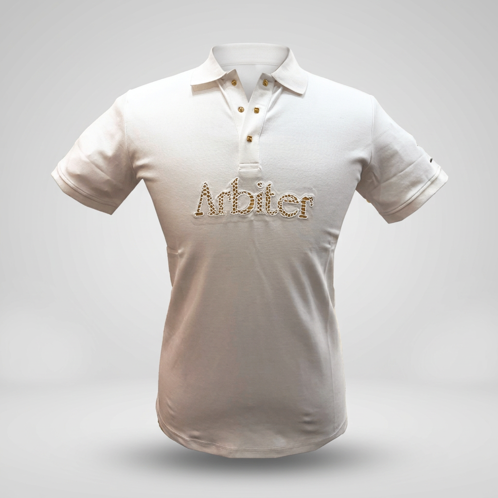 Men's white Arbiter Vito golfer shirt, lightweight fabric, with collar and short sleeves, displayed on a plain background.