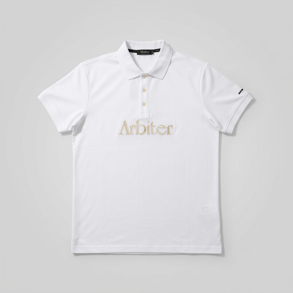 White men's golfer shirt by Arbiter Vito, featuring a classic collar and short sleeves, ideal for casual or golf wear.