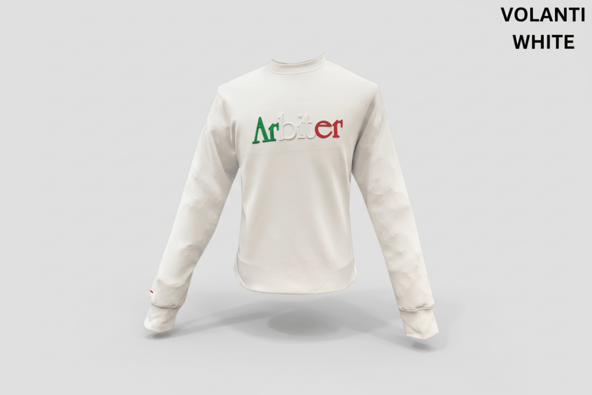 White Arbiter Volanti men's sweater with a classic crewneck design, soft knit fabric, and subtle branding.