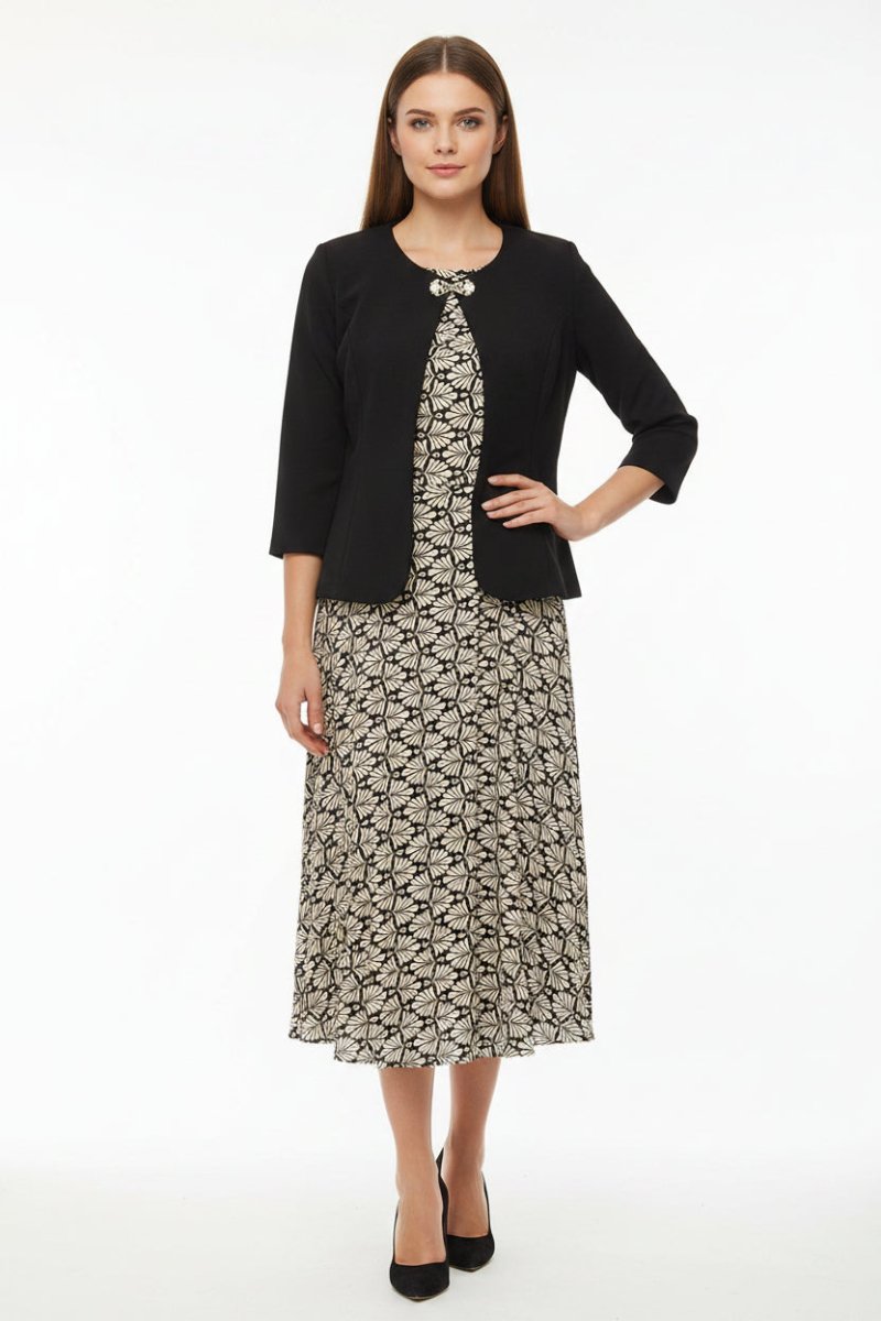 Bouchara 3/4 Sleeve Jacket with Fancy Clasp and Printed Plea - Shazem - WOMENS DRESS JACKET - BOUCHARA