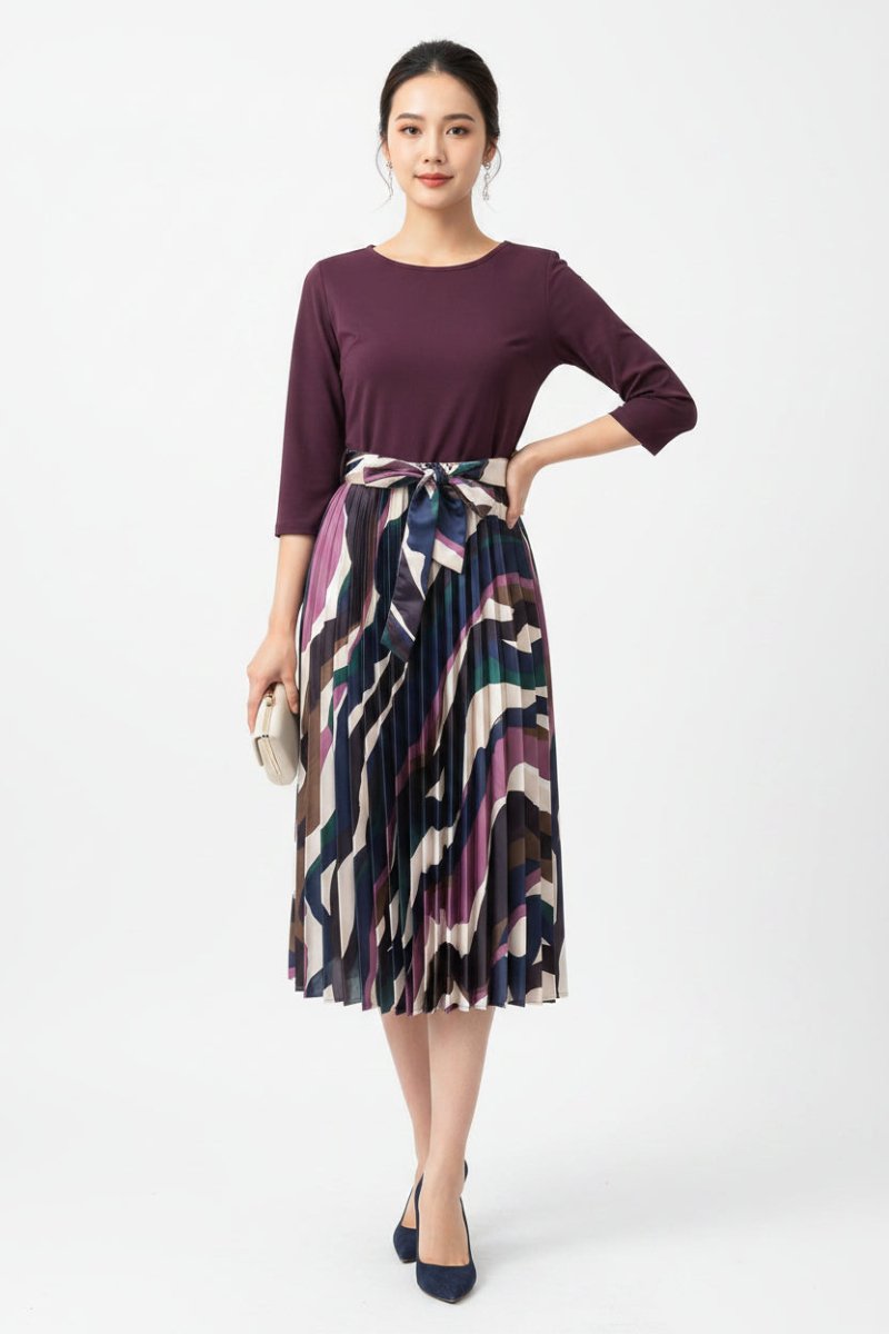 Bouchara women's 3/4 sleeve printed satin and scuba crepe pleated dress with a stylish, flowing design.