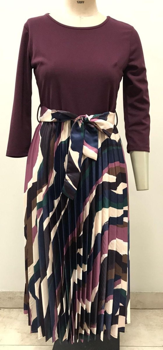 Bouchara 3/4 Sleeve Printed Dull Satin/Scuba Crepe Pleated D - Shazem - WOMENS DRESSES - BOUCHARA