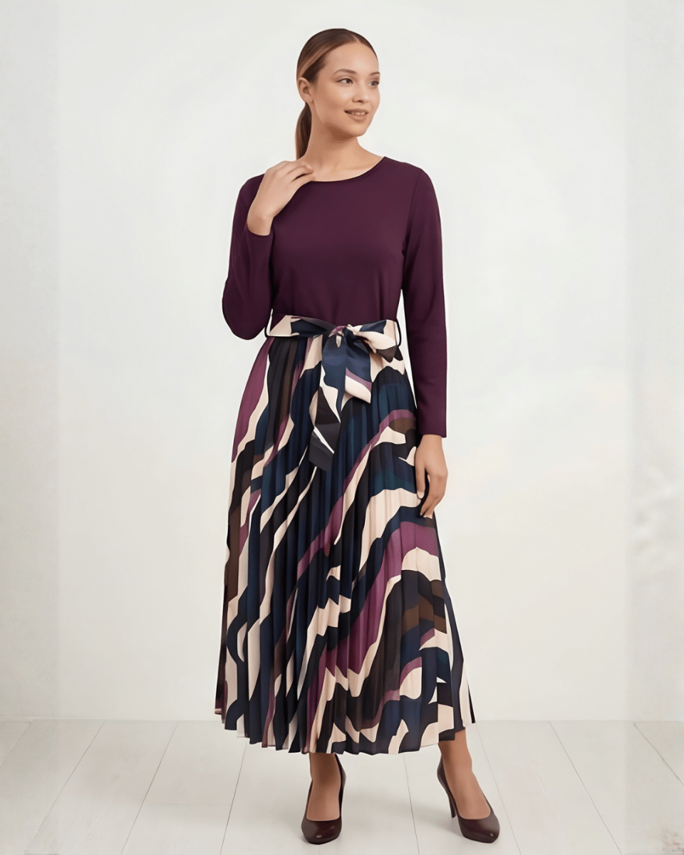 Bouchara women's 3/4 sleeve printed dull satin and scuba crepe pleated dress, featuring elegant design and soft fabric.