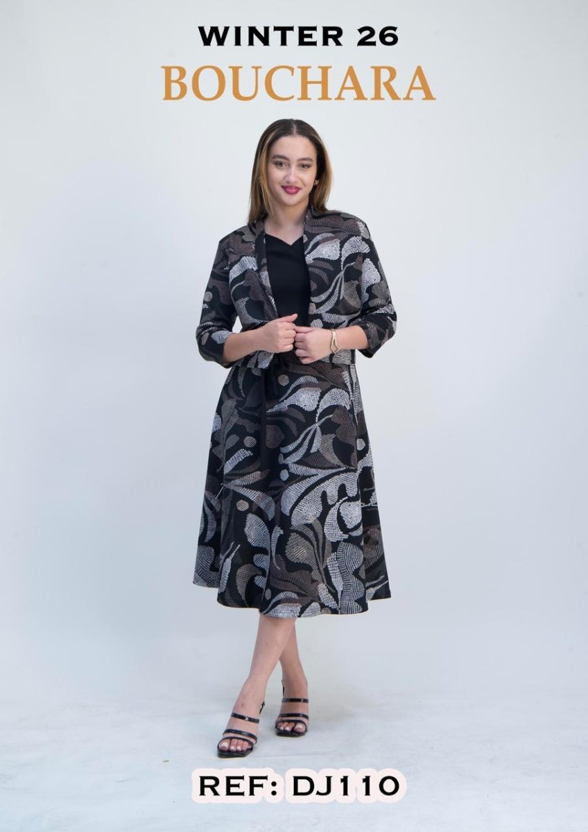 Bouchara women's black and stone 3/4 sleeve puff print dress and matching jacket, stylish and comfortable ensemble.