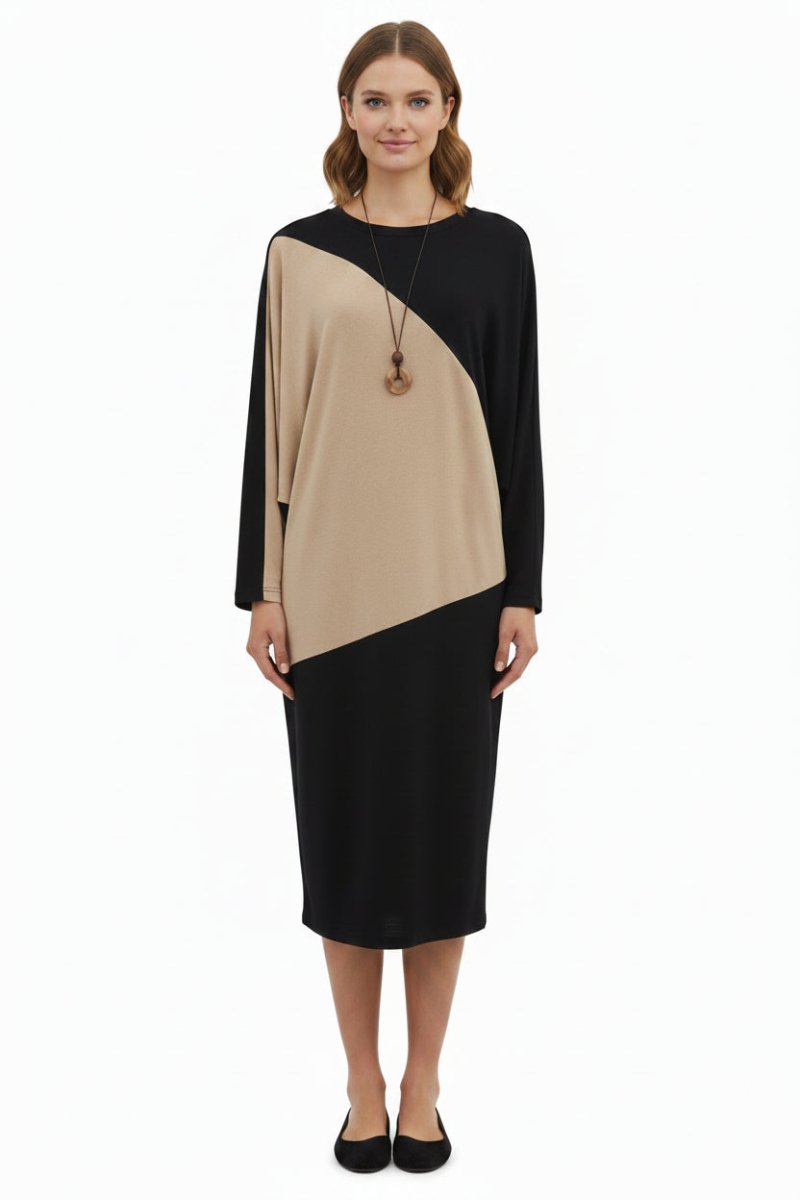 Bouchara women's asymmetrical colour block dress in black and stone with stylish, modern design and flowing fabric.