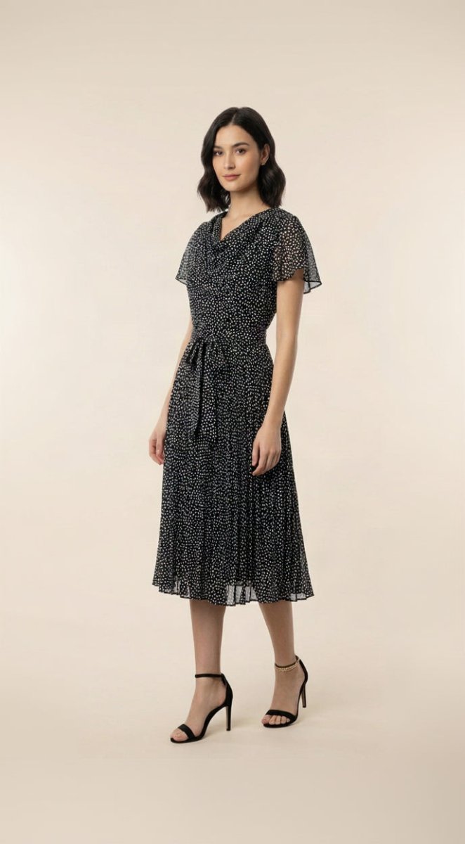 Black Bouchara women's chiffon cowl neck dress with teardrop pattern, elegant and flowy for stylish occasions.