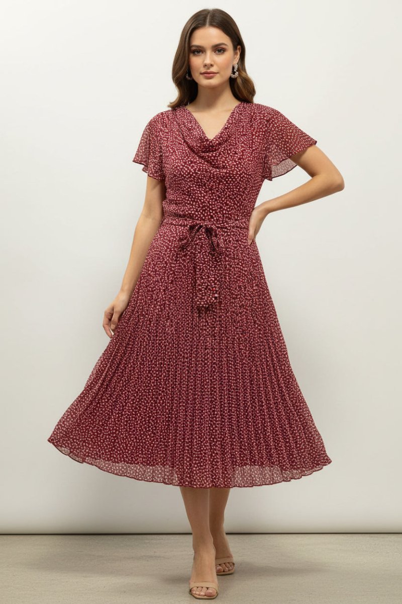 Red Bouchara women's chiffon dress with cowl neck and teardrop pattern, elegant and flowy for stylish occasions.