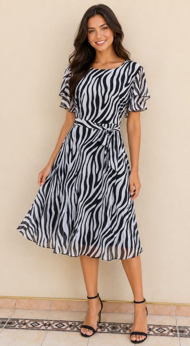 Black and white Bouchara DR335 women's dress with lurex fabric and double frill sleeves, stylish and elegant for any occasion.