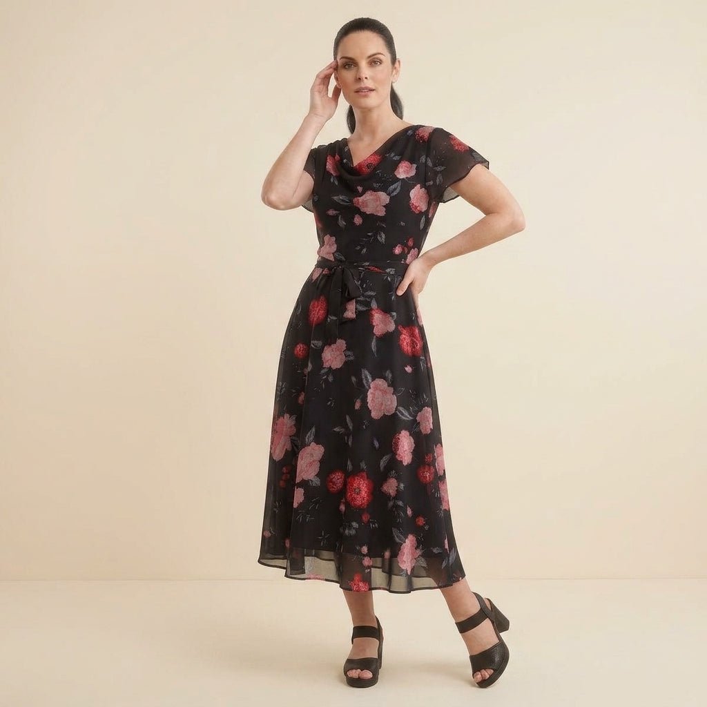 Black floral Bouchara DR444 women's dress with a cowl neck and cap sleeves, featuring a stylish and elegant design.