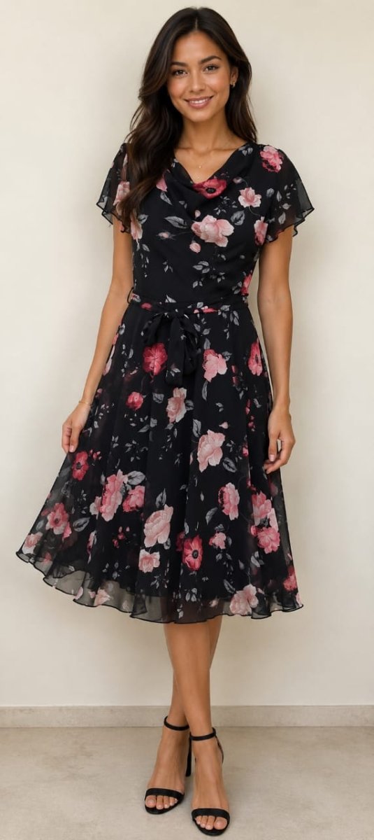 Black floral Bouchara DR444 women's dress with cowl neck and cap sleeves, stylish and elegant for various occasions.