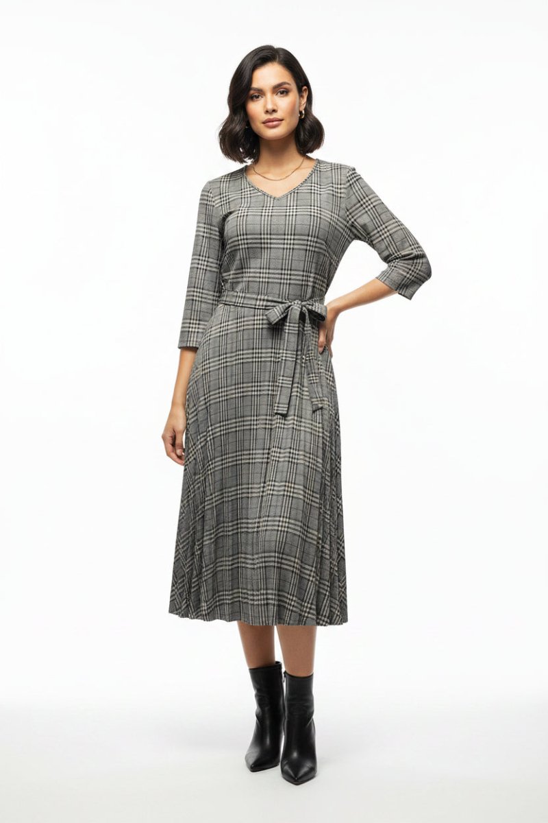 Bouchara DR468 pleated women's dress in taupe check fabric, stylish and flowy with a pleated design.