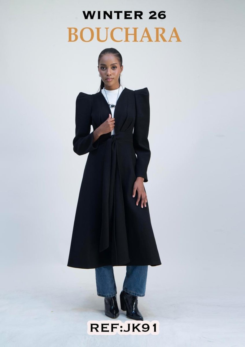 Black Bouchara JK91 long melton jacket for women, stylish and warm outerwear with a tailored fit.
