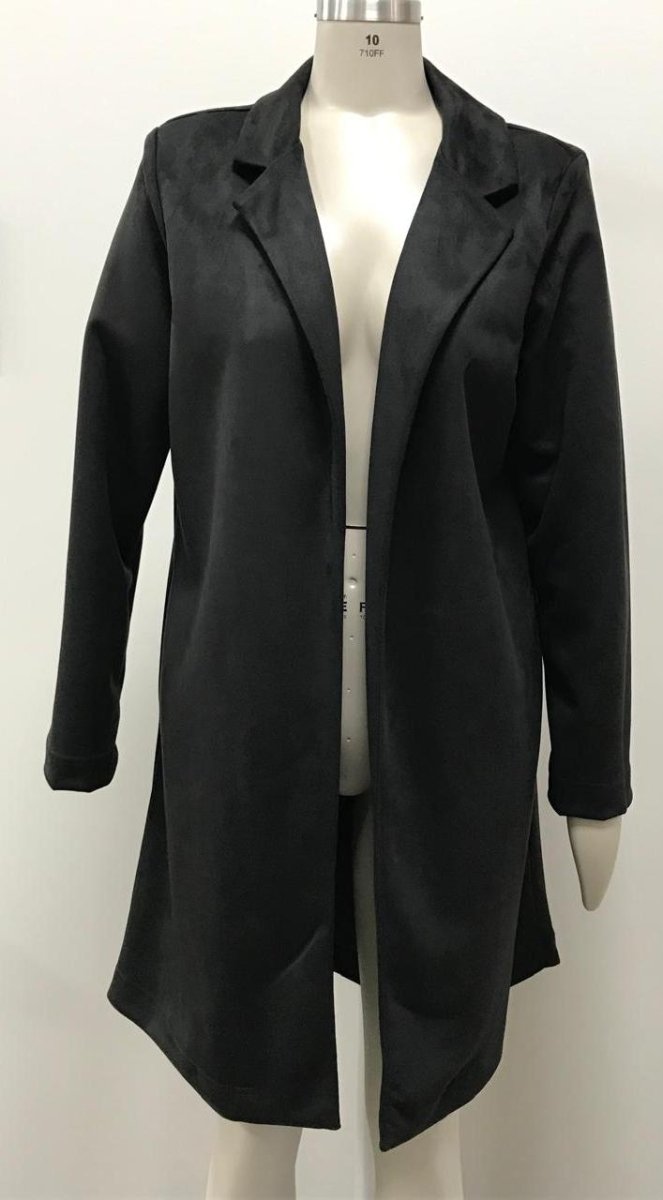 Black Bouchara long Melton jacket for women, stylish and warm, shown on a model with a tailored fit and classic design.