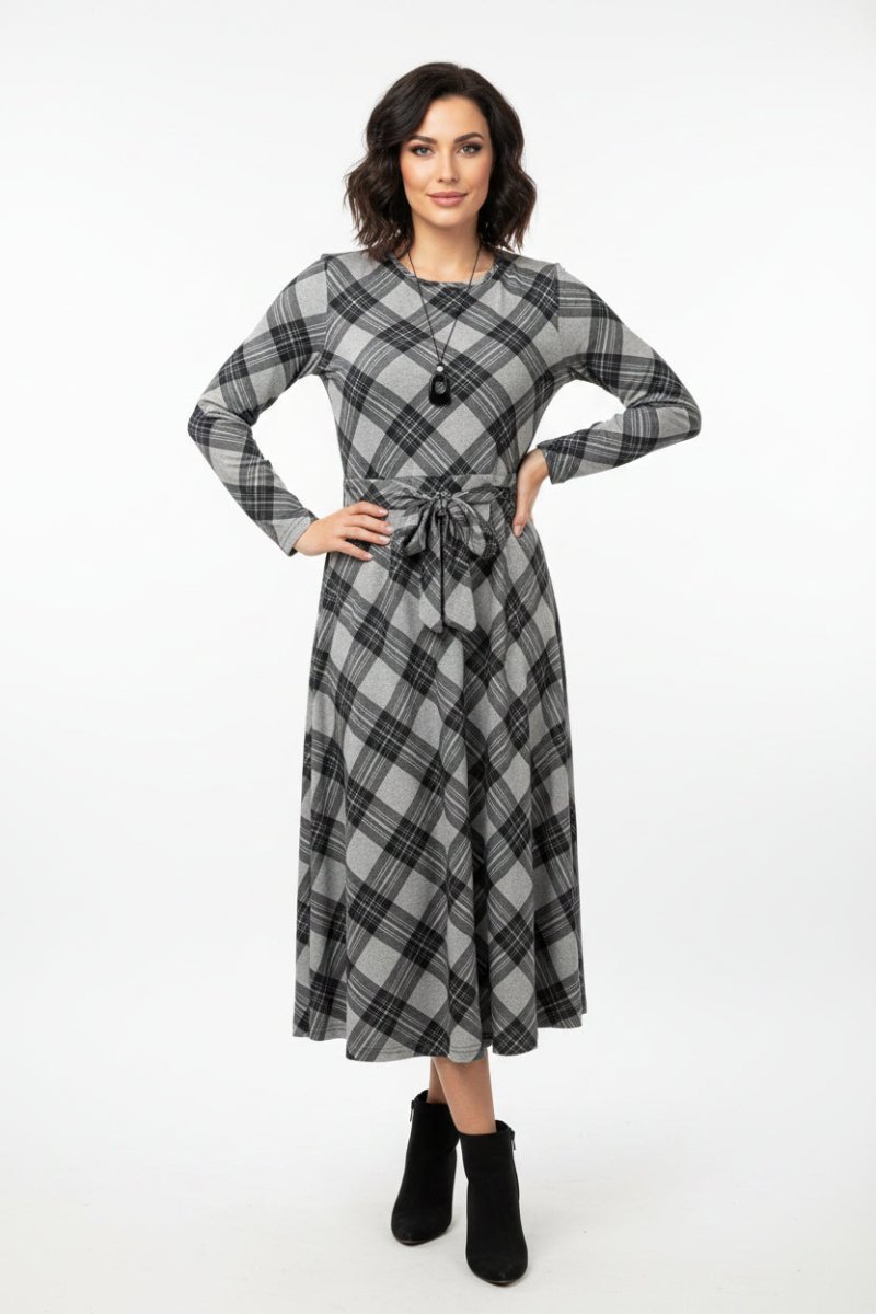 Bouchara women's long sleeve French knit flair dress in grey and black, featuring a stylish and comfortable fit.