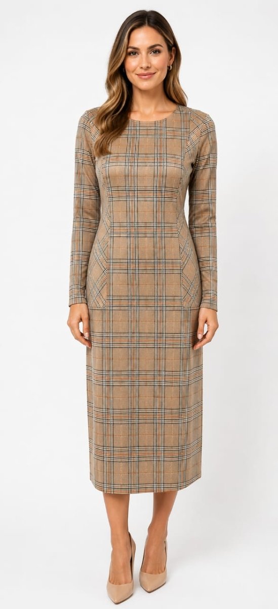 Bouchara caramel long sleeve ponti dress for women, fitted style with round neckline and knee-length hem.