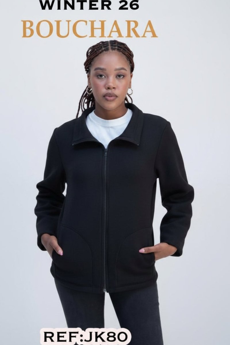 Black Bouchara women's polar fleece zip jacket shown with front zipper and cozy fleece material.