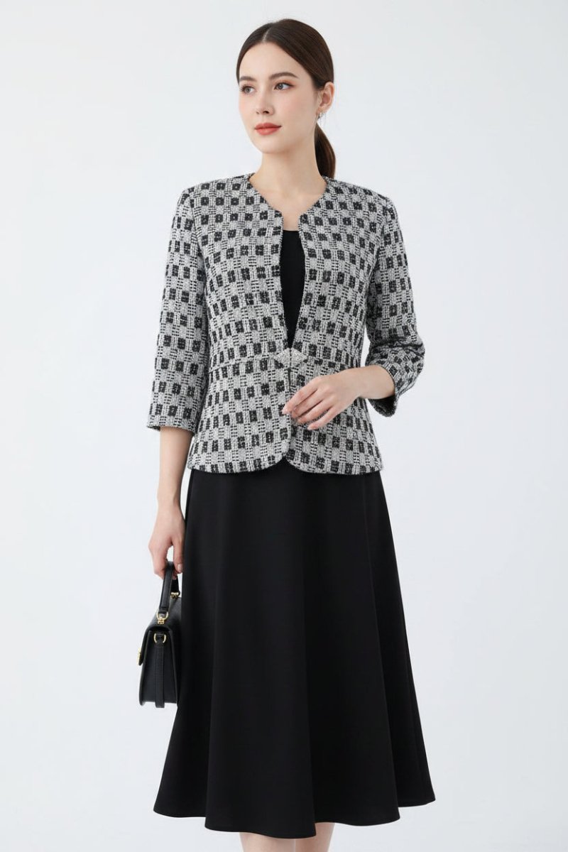 Bouchara women's sleeveless dress with 3/4 sleeve jacket in grey and black, stylish and elegant for formal or casual wear.