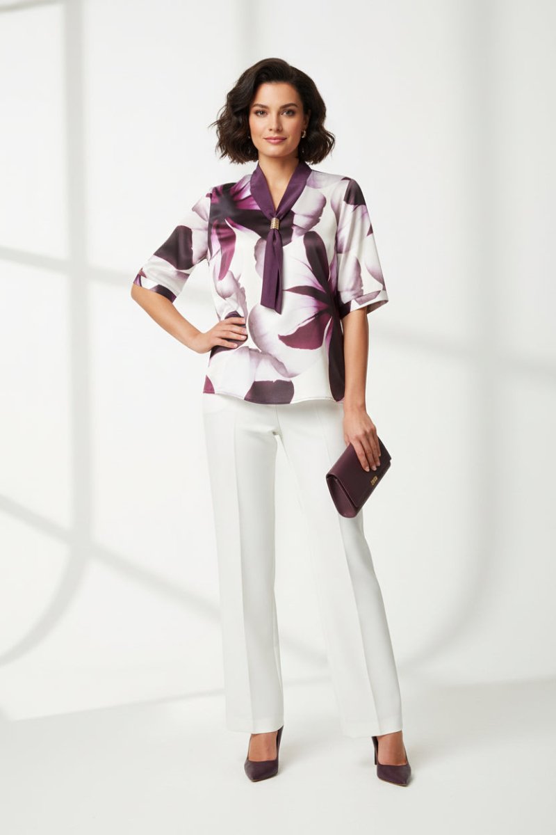 Bouchara Workwear Printed Blouse - Tie Detail - Purple (B50) - Shazem - WOMENS BLOUSES - BOUCHARA