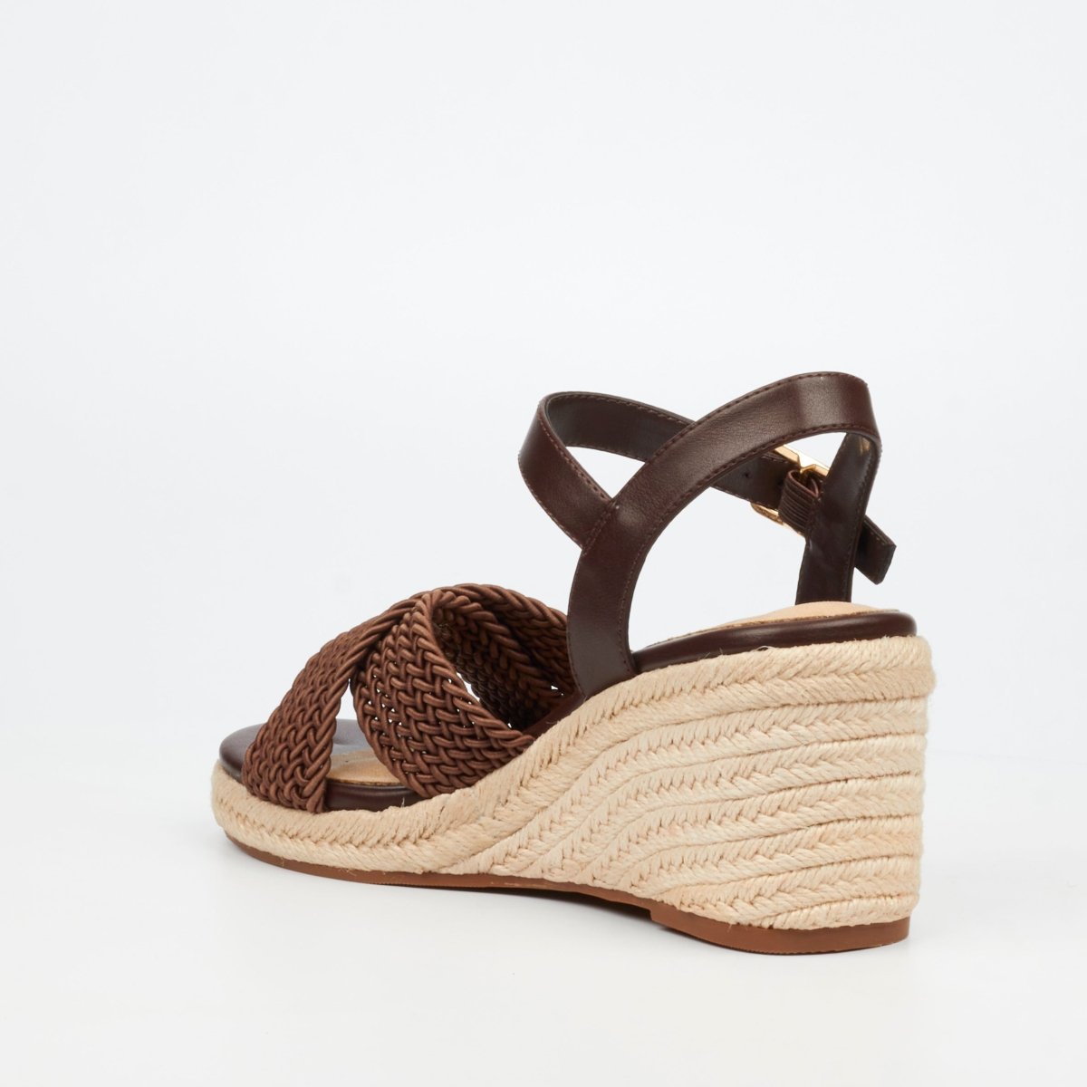 Women's Butterfly Feet Escada 2 Wedge Chocolate sandals with open toe design and ankle strap in a glossy brown finish.