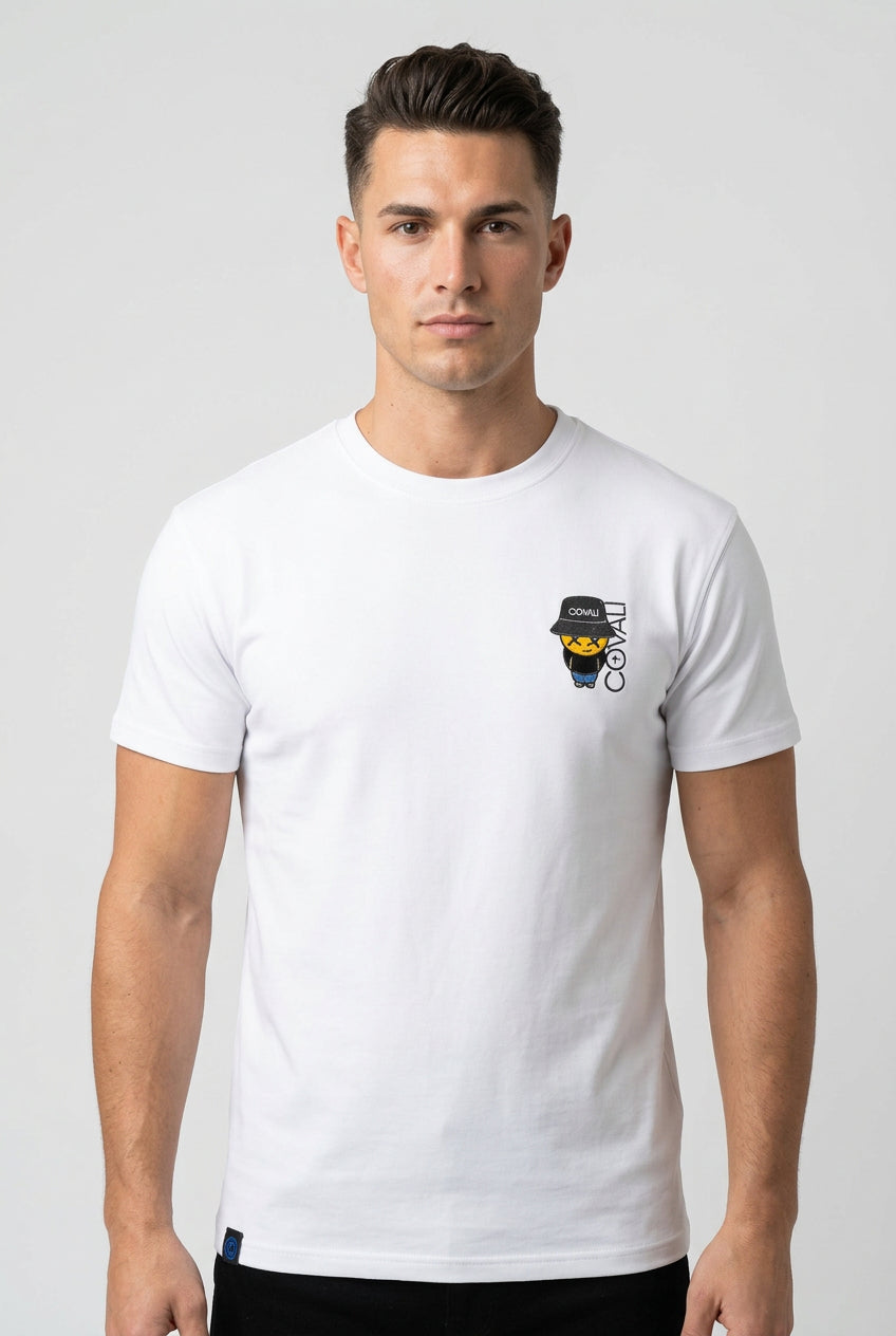 White Covali Disegno men's T-shirt with graphic design, crew neck, and short sleeves, displayed flat on a white background.