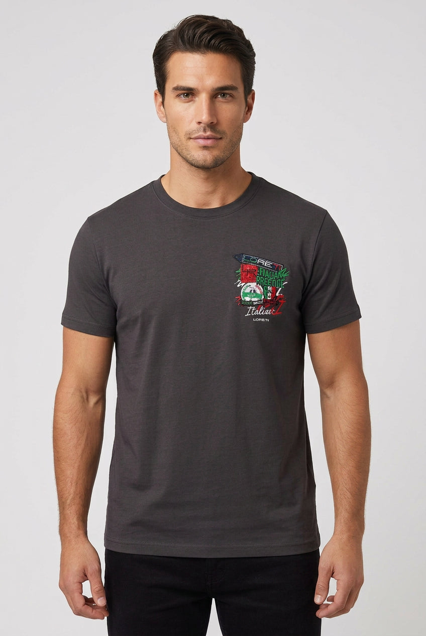 Black Loreti Tasso men's T-shirt with crew neckline and short sleeves, displayed flat on a white background.