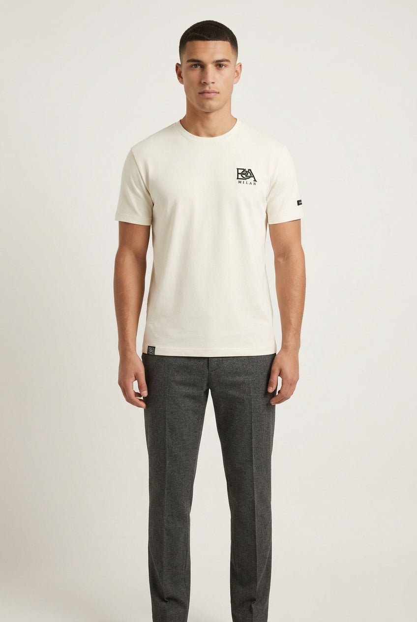 White BA6 Tres Tee men's T-shirt displayed on a model, showcasing casual style and comfortable fit.