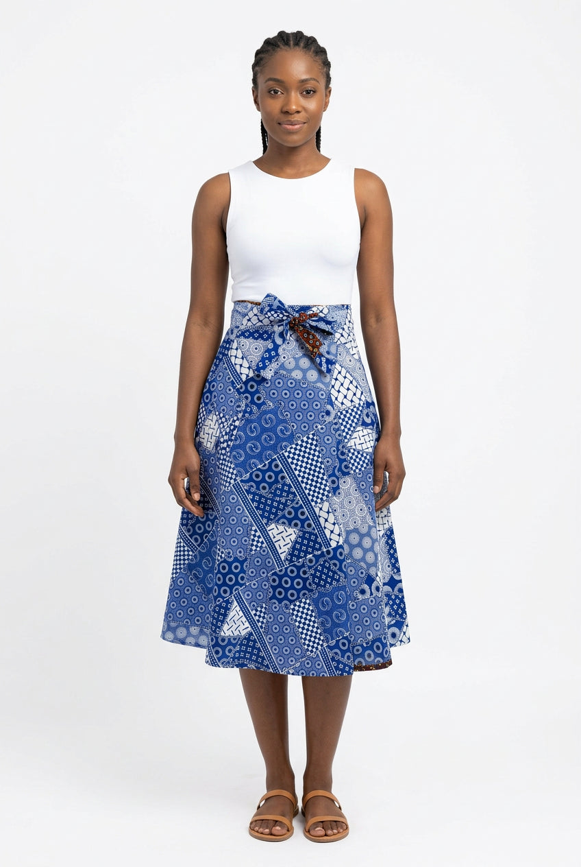 Women's wrap-round skirt in vibrant blue and red-orange from AAZIES, featuring a stylish, flowing design.