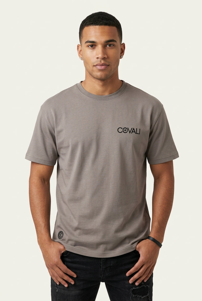 Grey Covali Statua men's T-shirt displayed flat with a classic crew neck and short sleeves, made of soft cotton fabric.