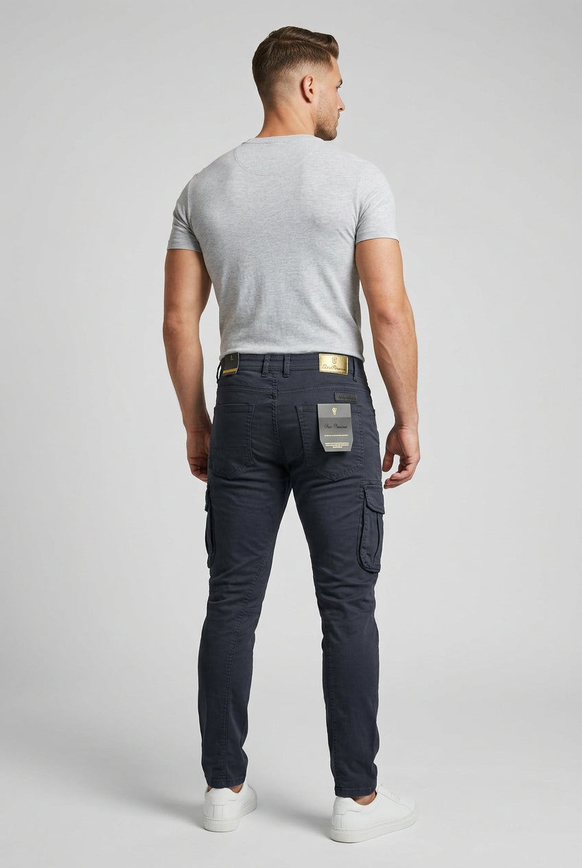 Navy Pure Premium Giuseppe men's jeans with classic fit and sturdy denim fabric, front and back view.