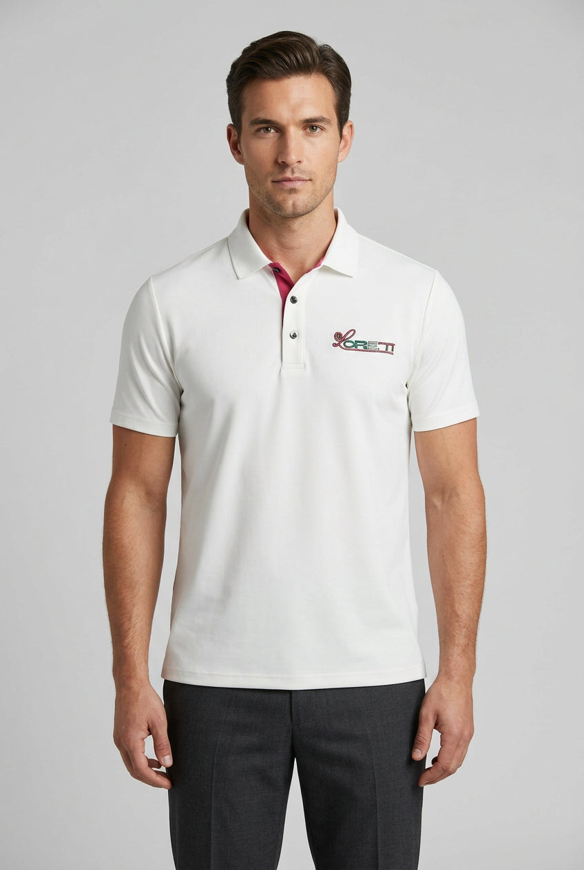 Loreti Rosso Golfer White men's golf shirt with a collar and short sleeves, featuring a clean, classic design.