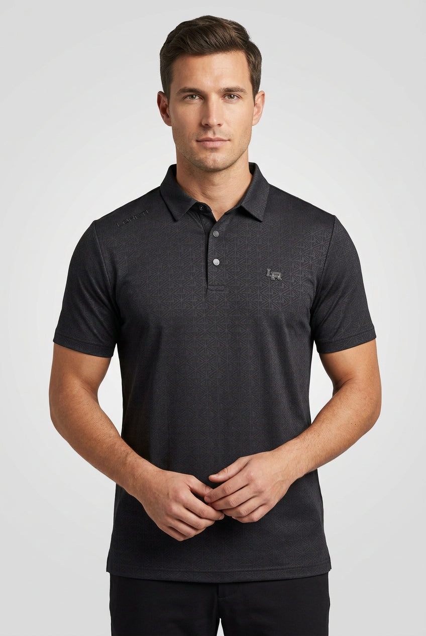 Men's Loreti Modele Golfer black golf shirt with short sleeves and collar, displayed on a hanger.