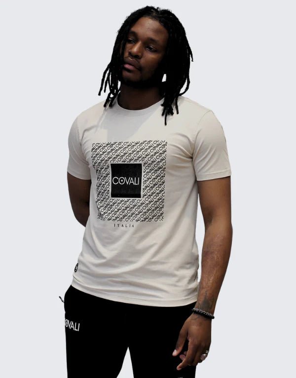Beige Covali Boss Tee men's T-shirt with crew neckline, soft fabric, and minimalistic design, displayed on a plain background.