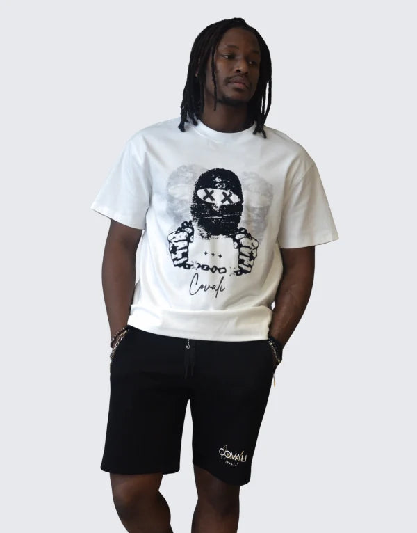 White Covali Sapere men's T-shirt with a box graphic, displayed flat on a plain background.