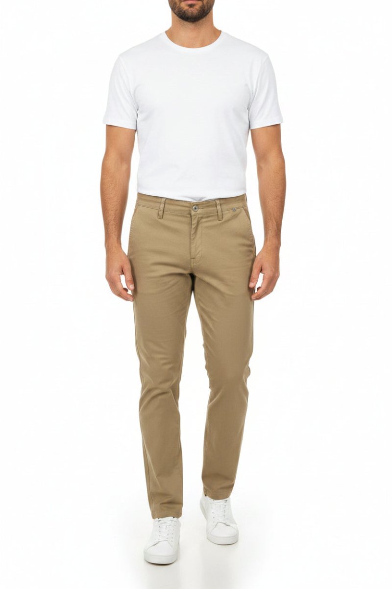 Men's Coxmoore Camel Chino pants shown on a model, featuring a classic fit and casual style in camel color.